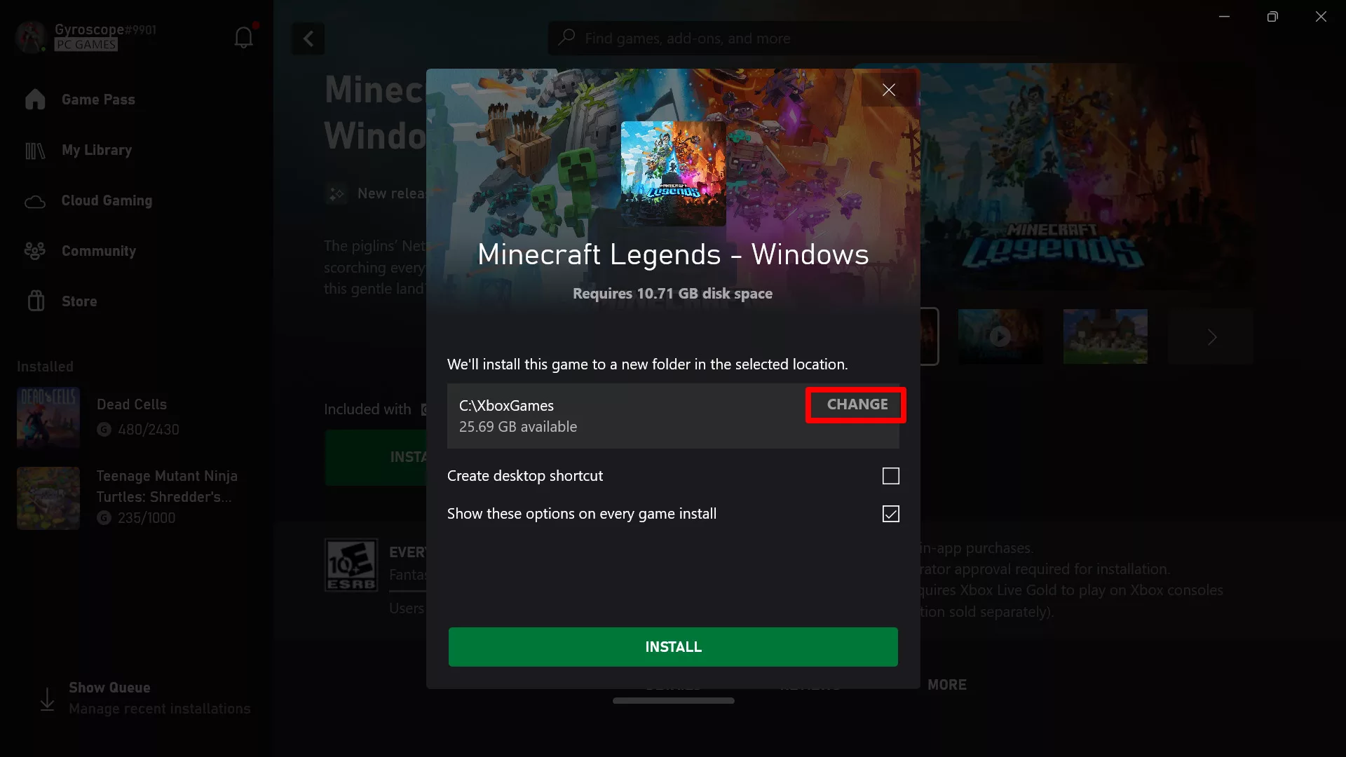 A screenshot of the Xbox app's installation wizard, showing the ability to choose the install location.