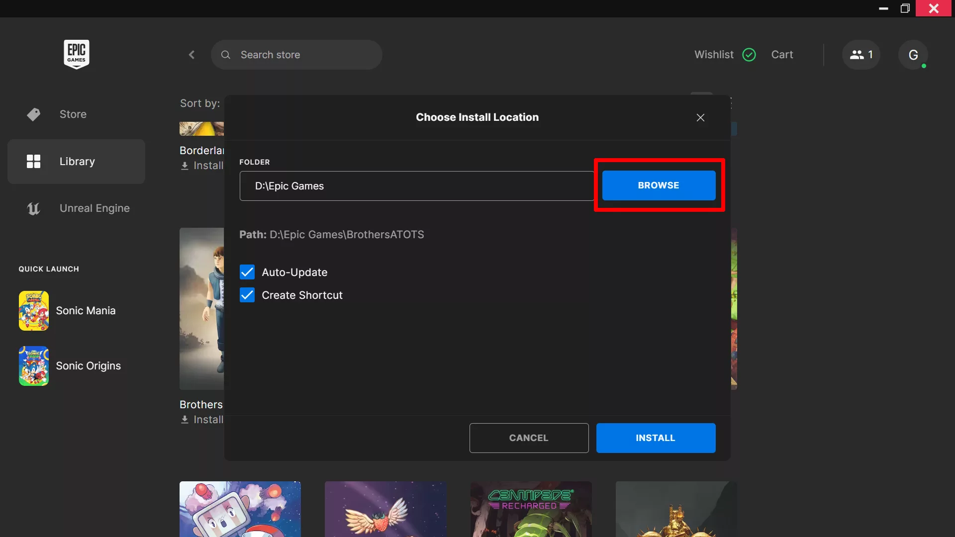 A screenshot of Epic Games' installation wizard, showing the ability to choose the install location.