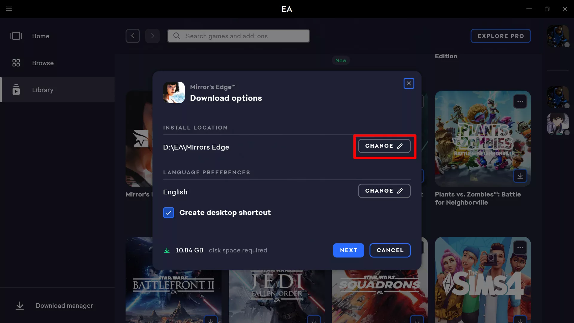Снимок экрана мастера установки приложения EA, показывающий возможность выбора места установки.