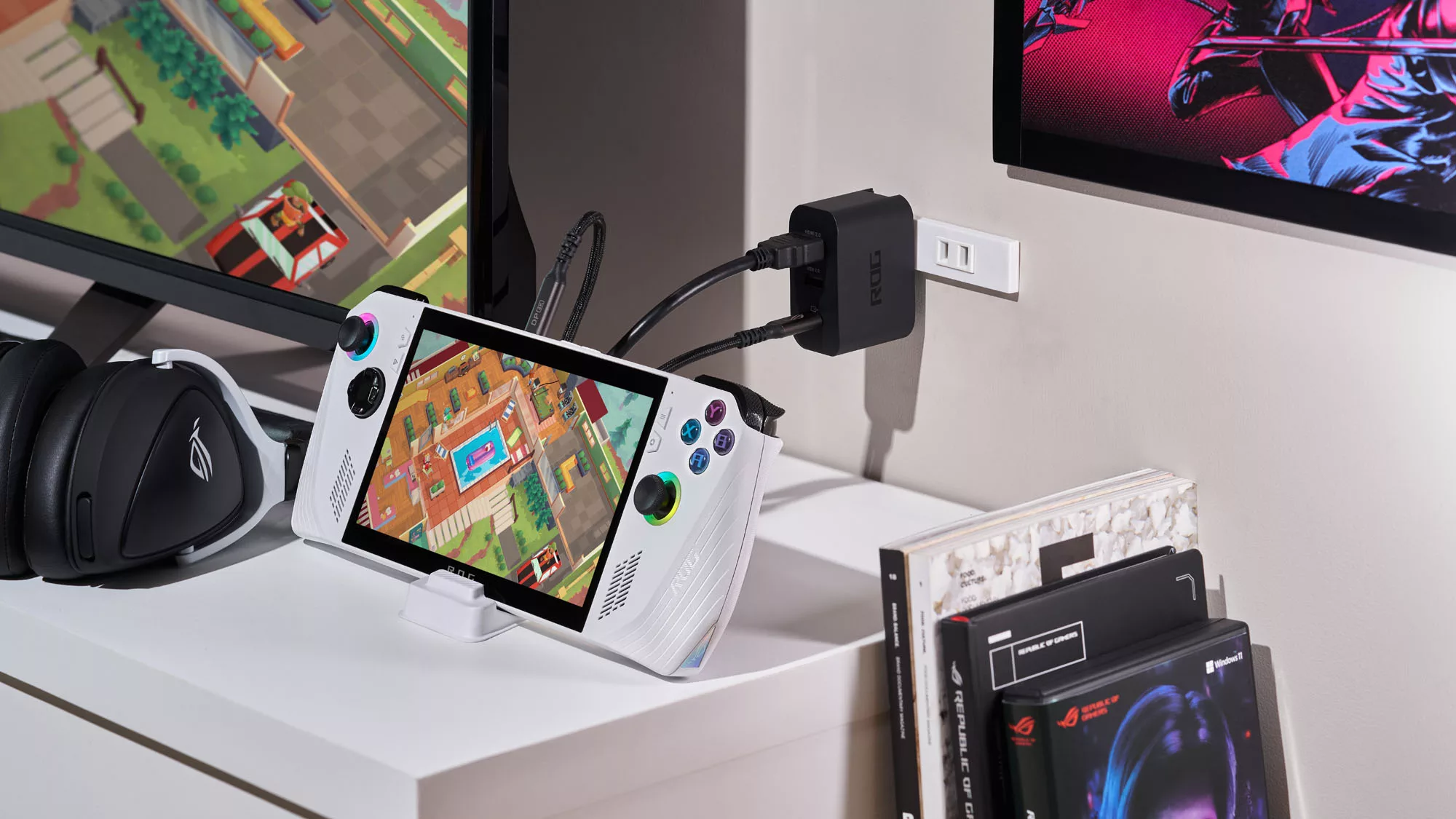 An ROG ally sitting on a table, plugged into the Gaming Charger Dock with a game displaying on a TV.