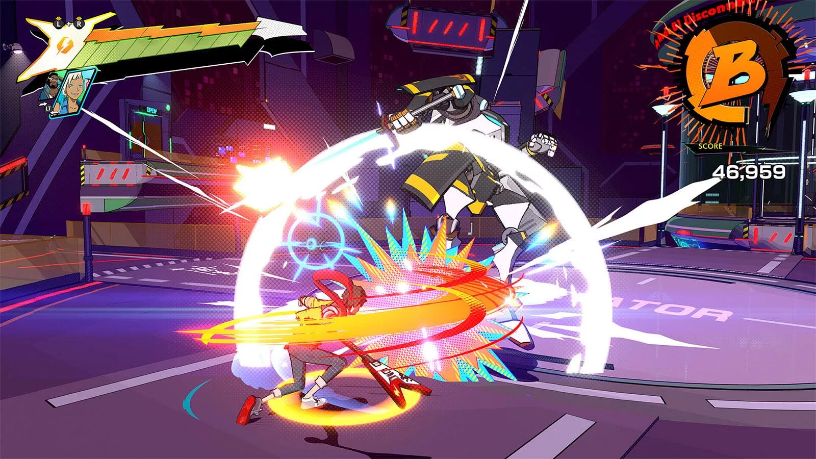 A video game screenshot of a cel-shaded character hitting a giant robot with an electric guitar.