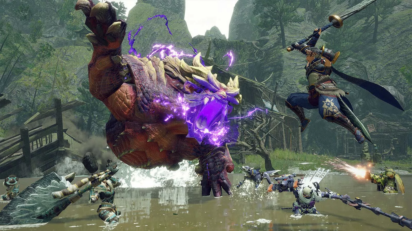 A video game screenshot of two armored characters fighting a large horned monster.