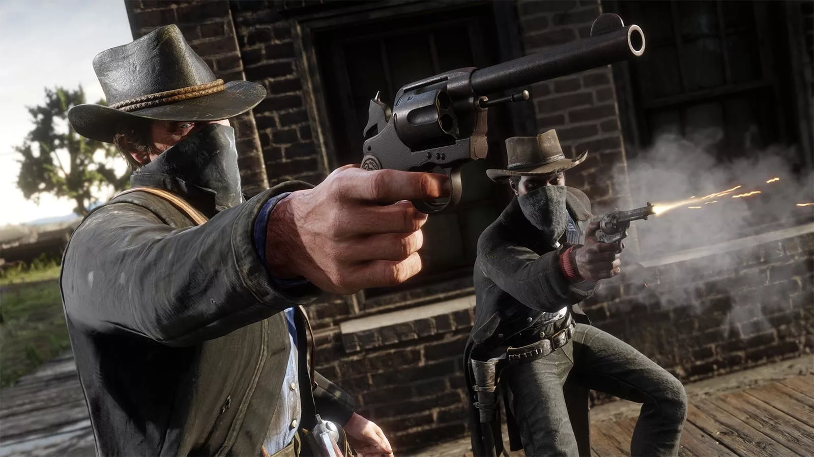 Скриншот из видеоигры, на котором двое мужчин в ковбойских шляпах и масках стреляют из пистолетов