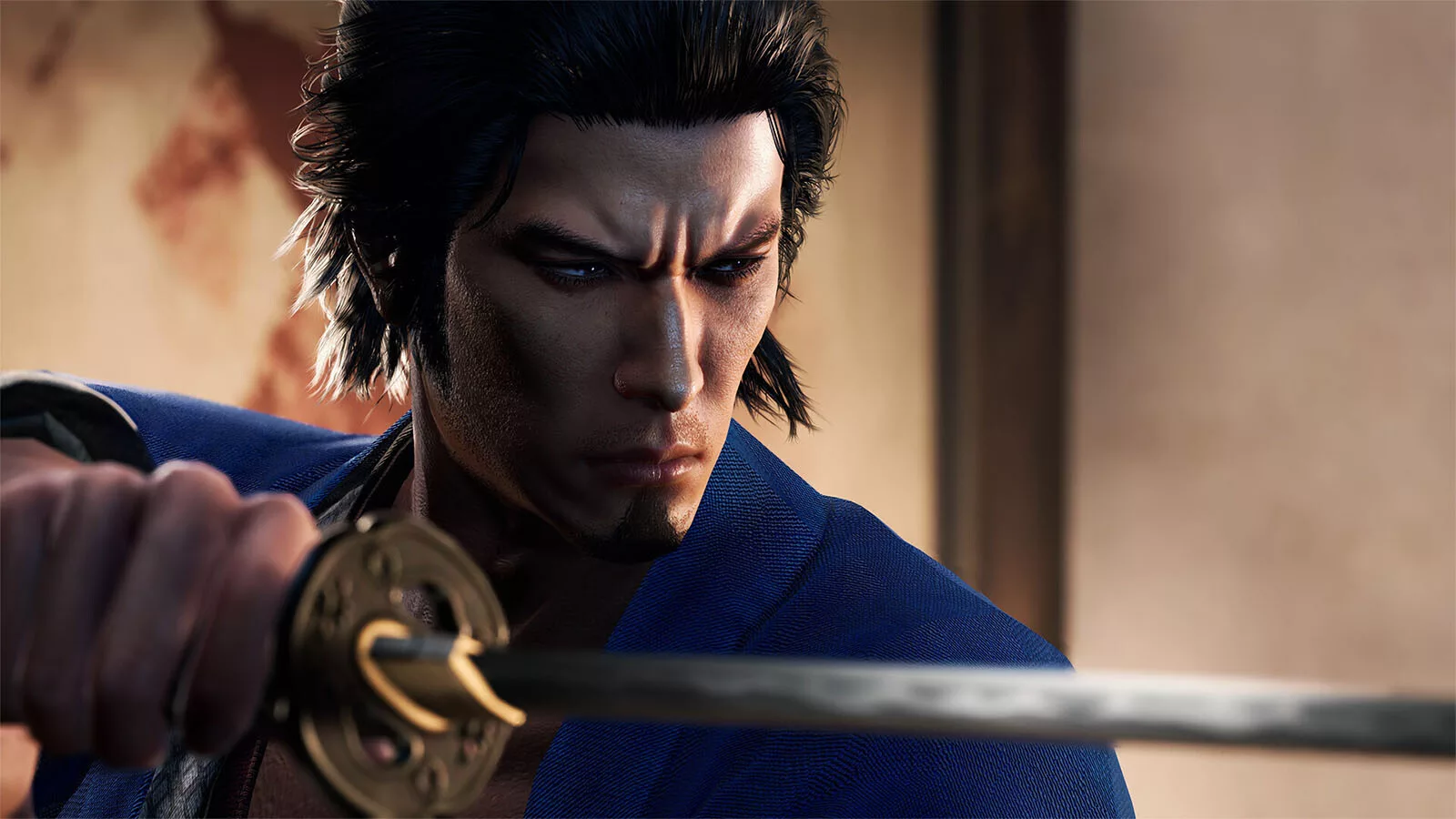 A video game screenshot of a samurai holding up his sword.