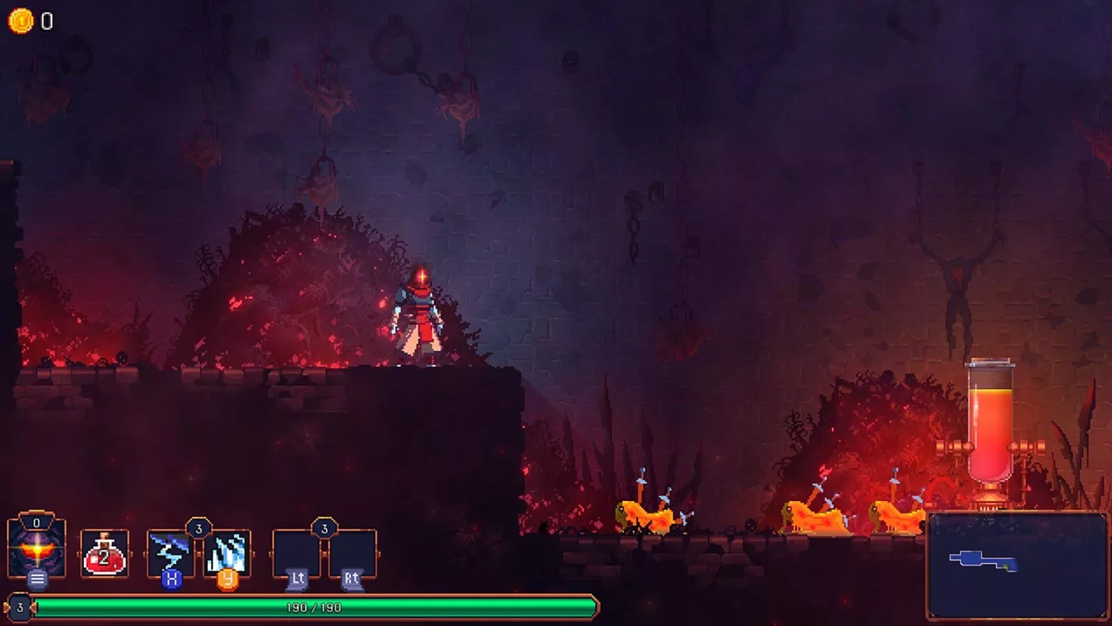 A video game screenshot of a pixel art warrior in a dark, red dungeon.