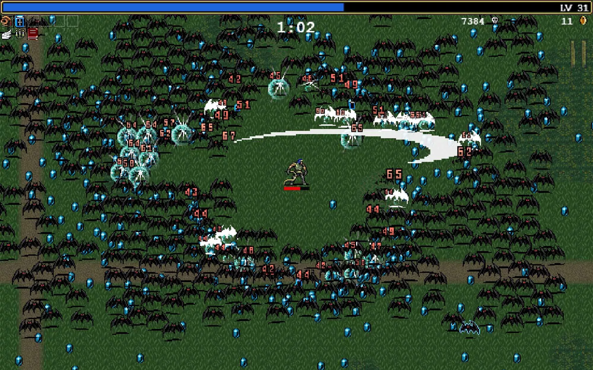 A video game screenshot of a pixelated warrior fighting off a horde of bats.