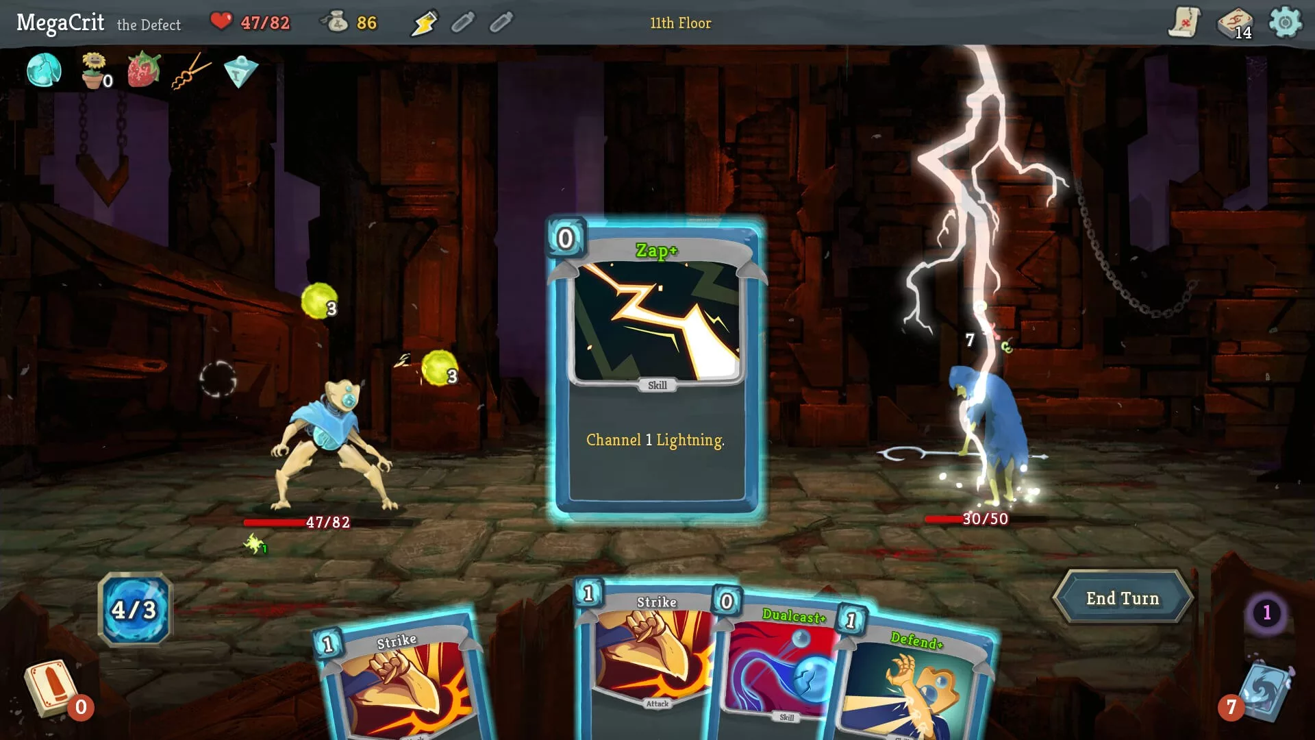 A video game screenshot of two creatures fighting, with cards that read 