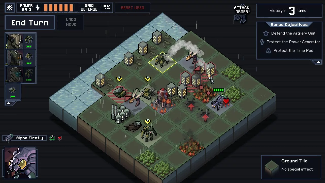 A 3D 8x8 grid populated by buildings, aliens, and armored mechs.