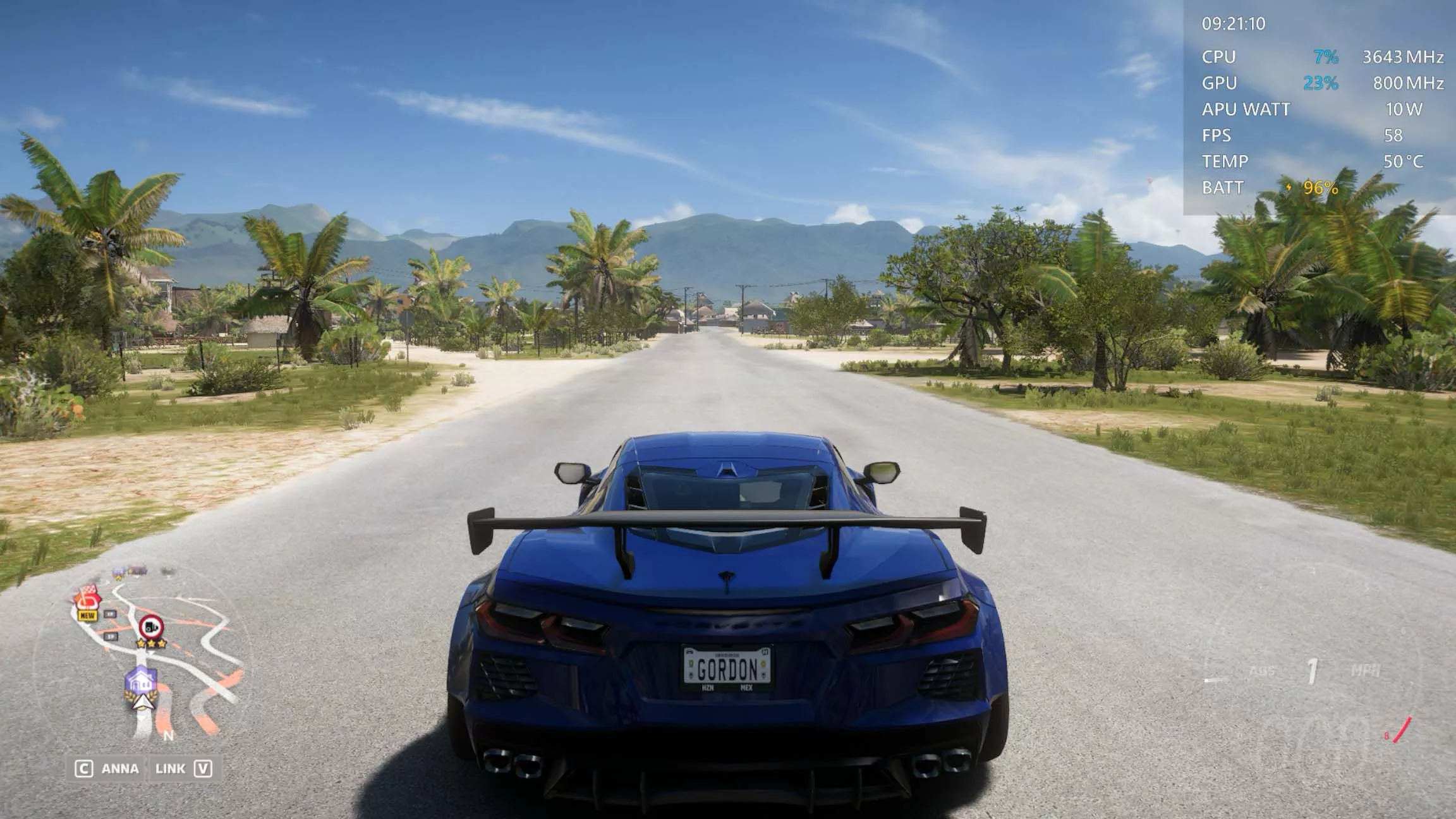 A video game screenshot of a car on a road with performance metrics in the upper corner of the screen.