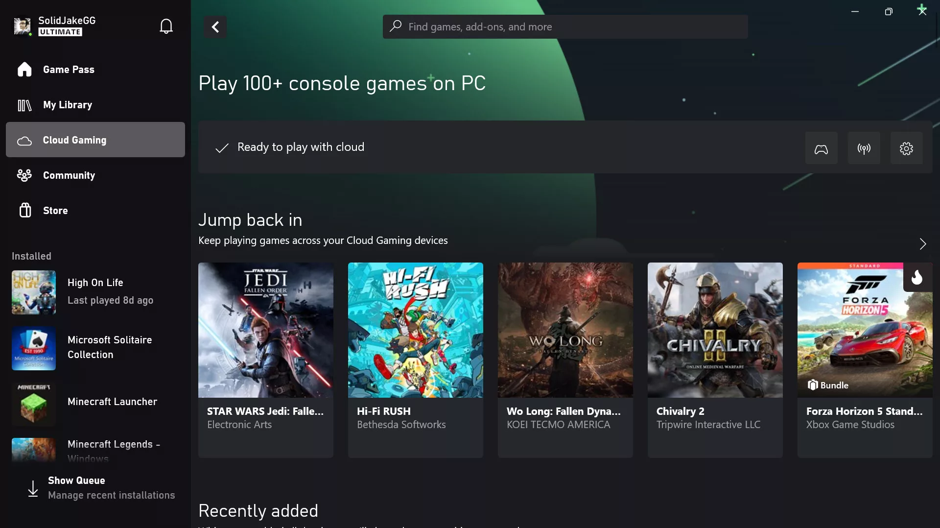Скриншот приложения Xbox, демонстрирующий его предложения облачных игр.