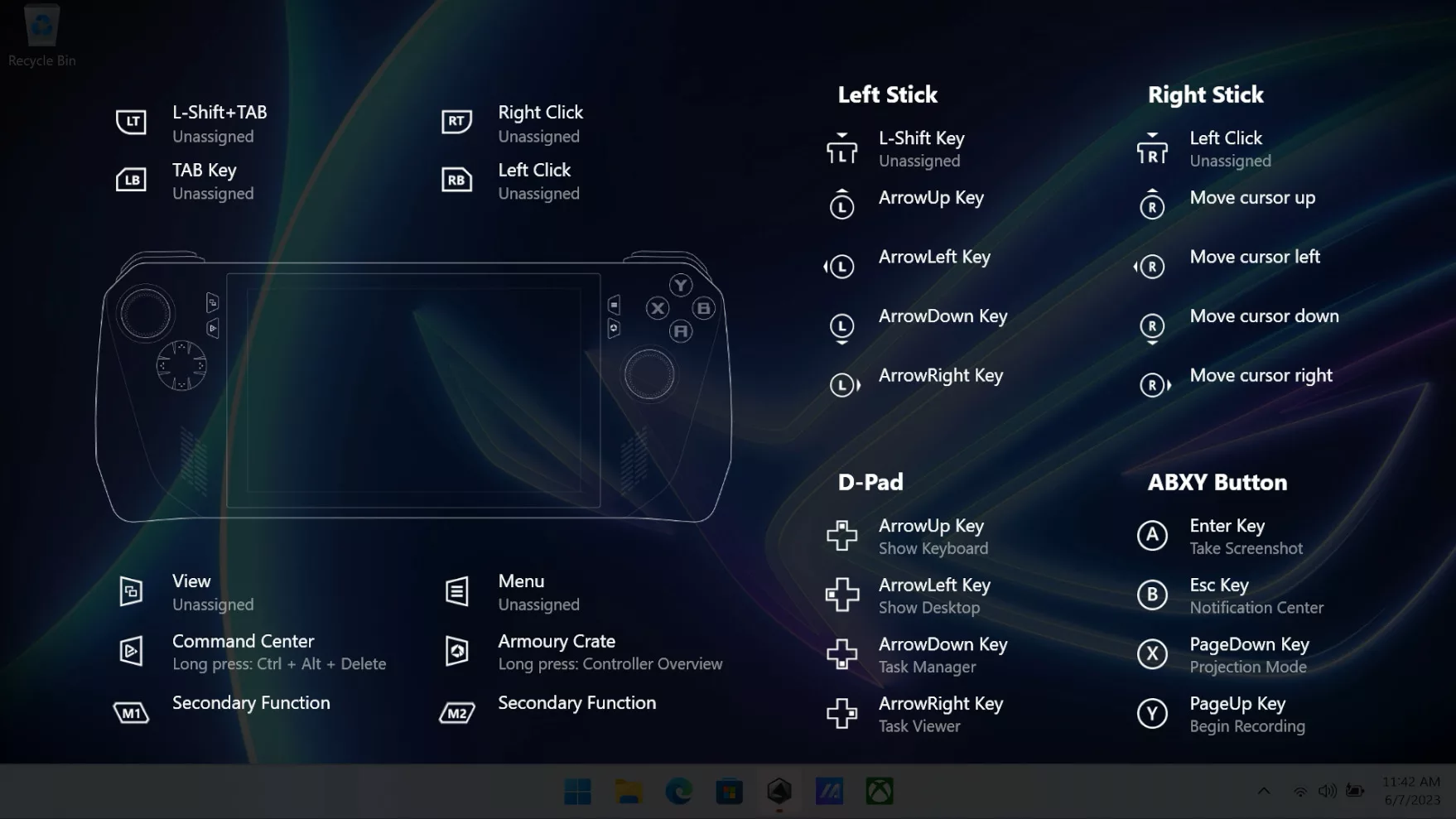 A screenshot showing all of the ROG Ally's default button mappings.