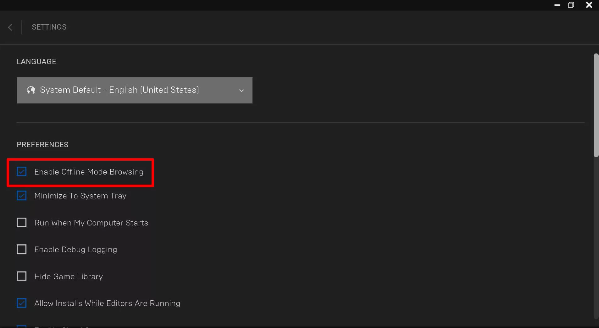 A screenshot of the Epic Games Launcher settings with the Offline Mode option highlighted.