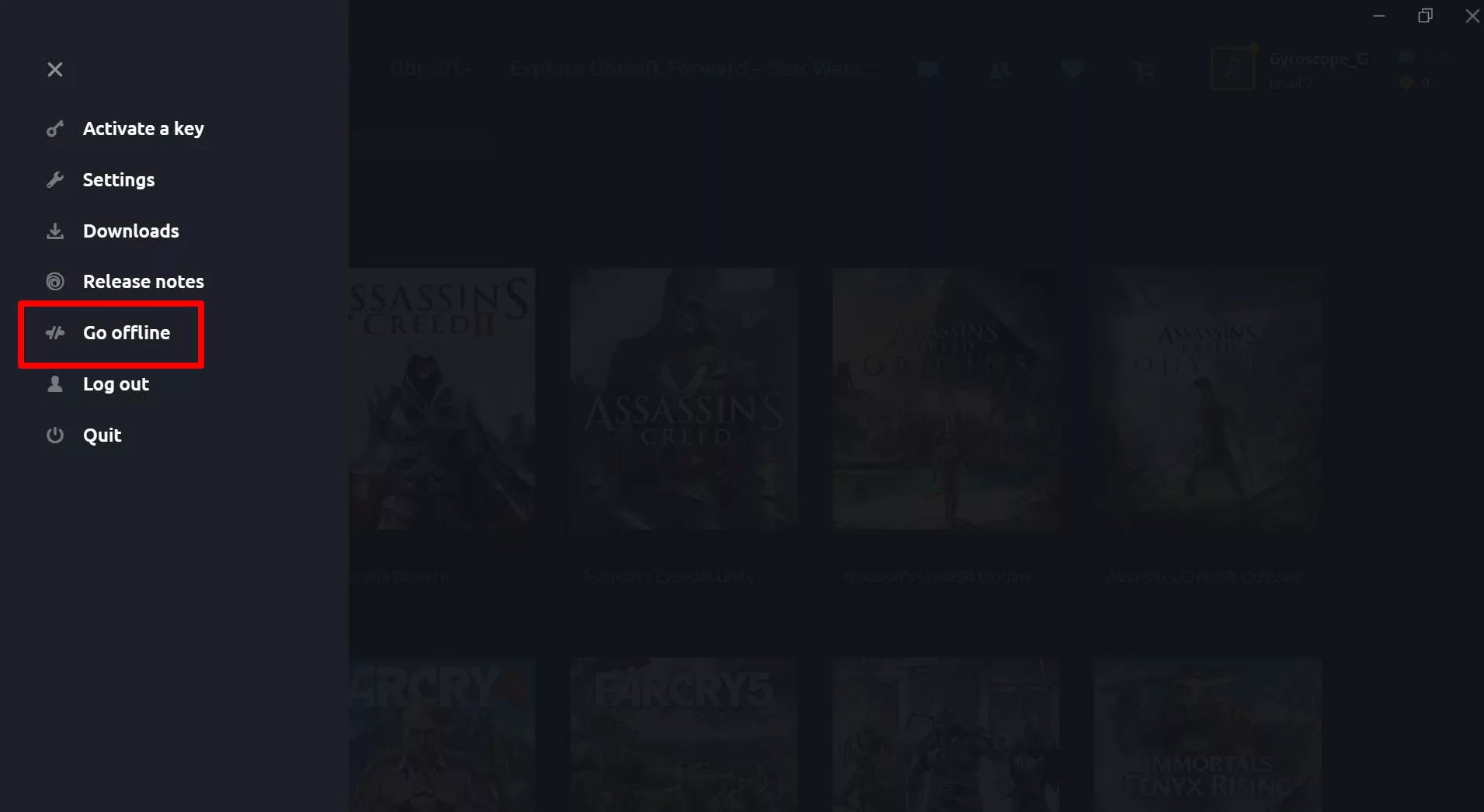 A screenshot of the Ubisoft Connect launcher with the Go Offline option highlighted.