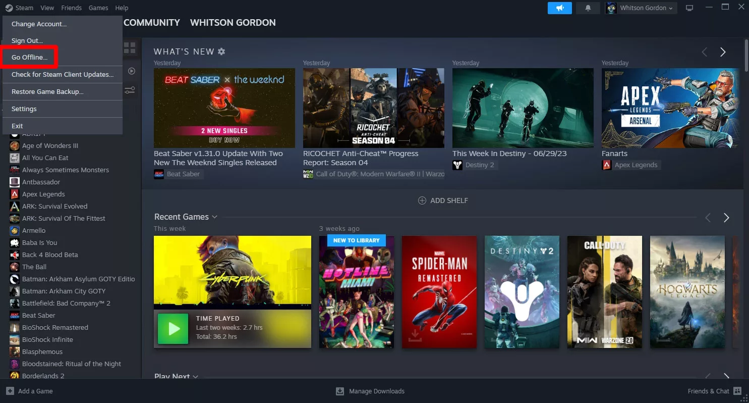 A screenshot of the Steam launcher with the Go Offline option highlighted.