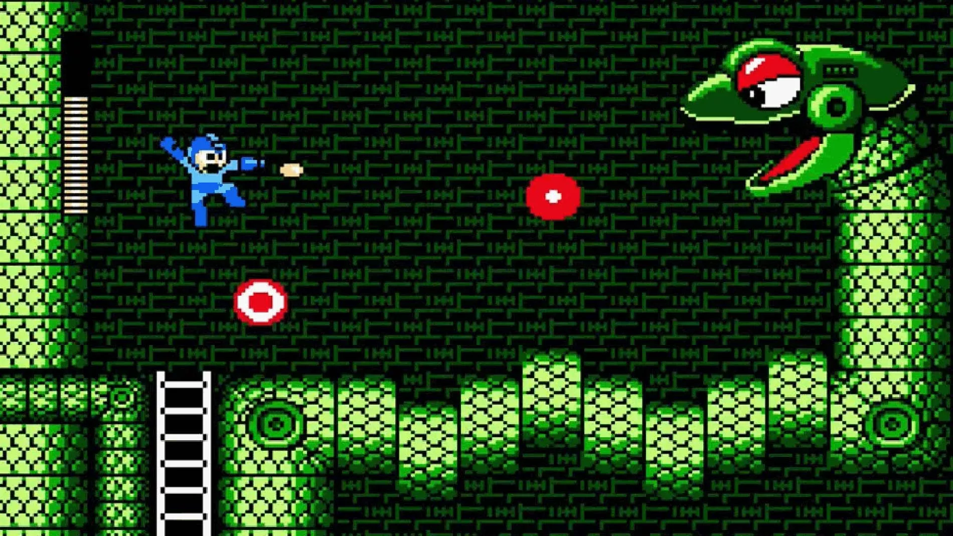 Screenshot of Mega Man shooting a robot snake.
