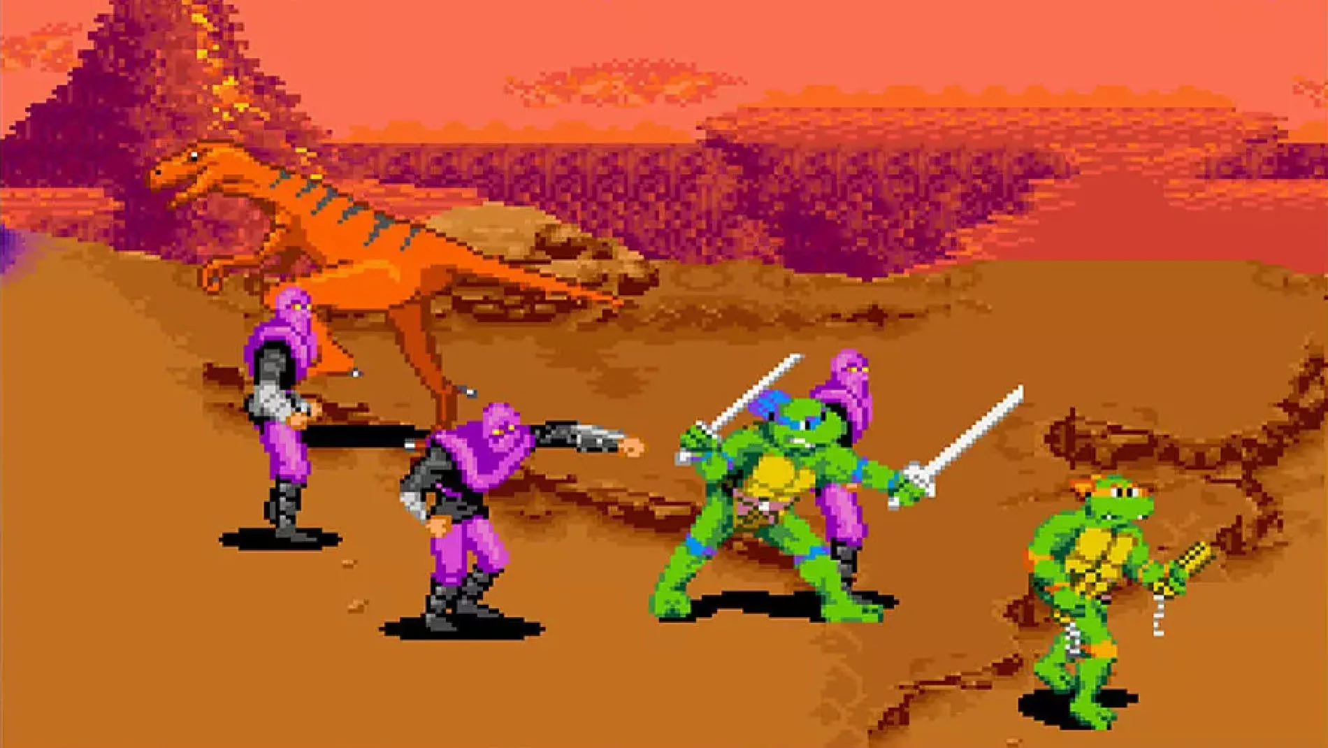 Screenshot of the Teenage Mutant Ninja Turtles fighting ninjas in the desert.