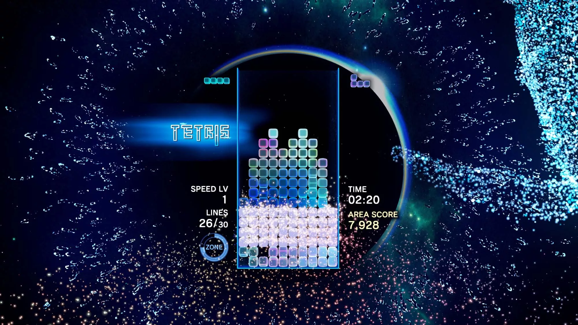 Screenshot of a Tetris game on a starry background.