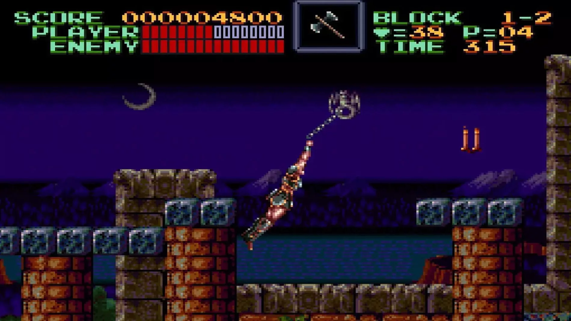 Screenshot of Simon Belmont of Casltevania swinging on his whip.