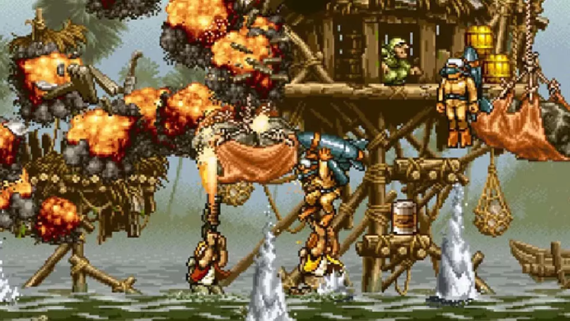 Screenshot of Metal Slug, the main character shooting a building until it explodes.