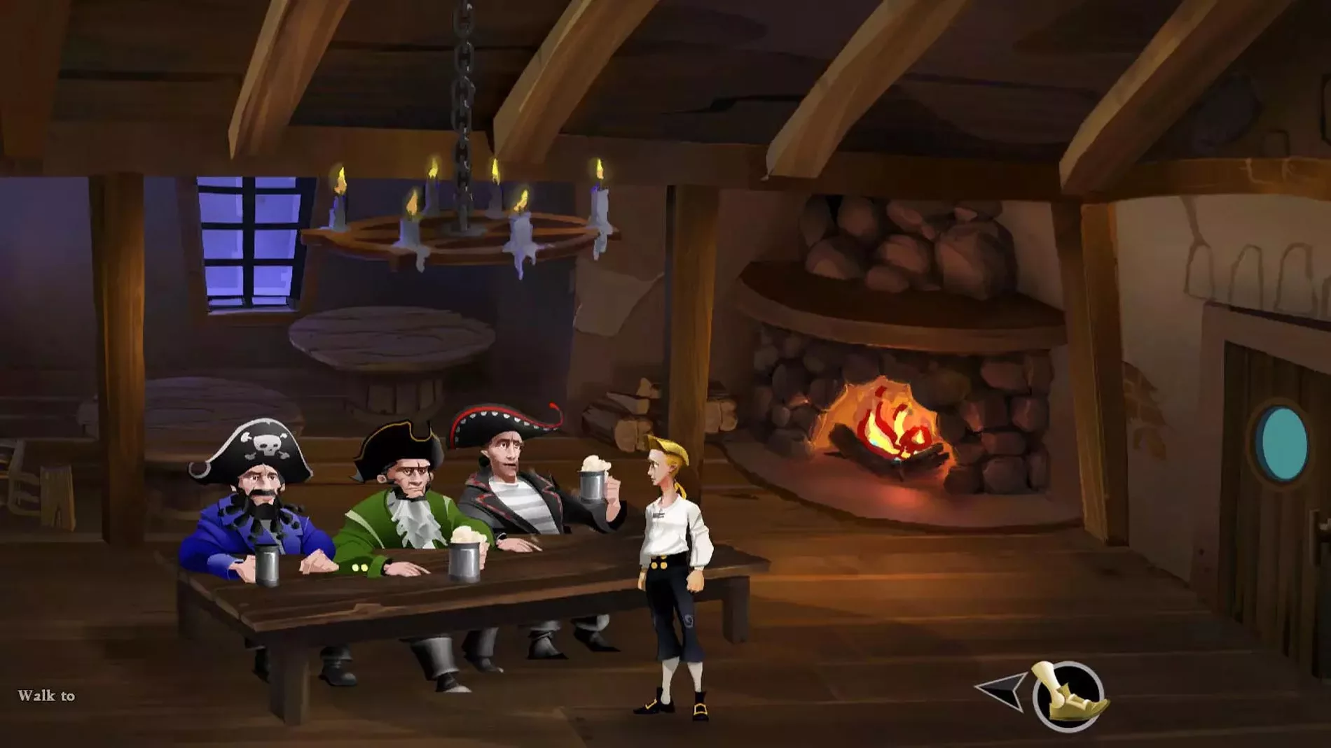Screenshot of a young man talking to three pirates at a table.
