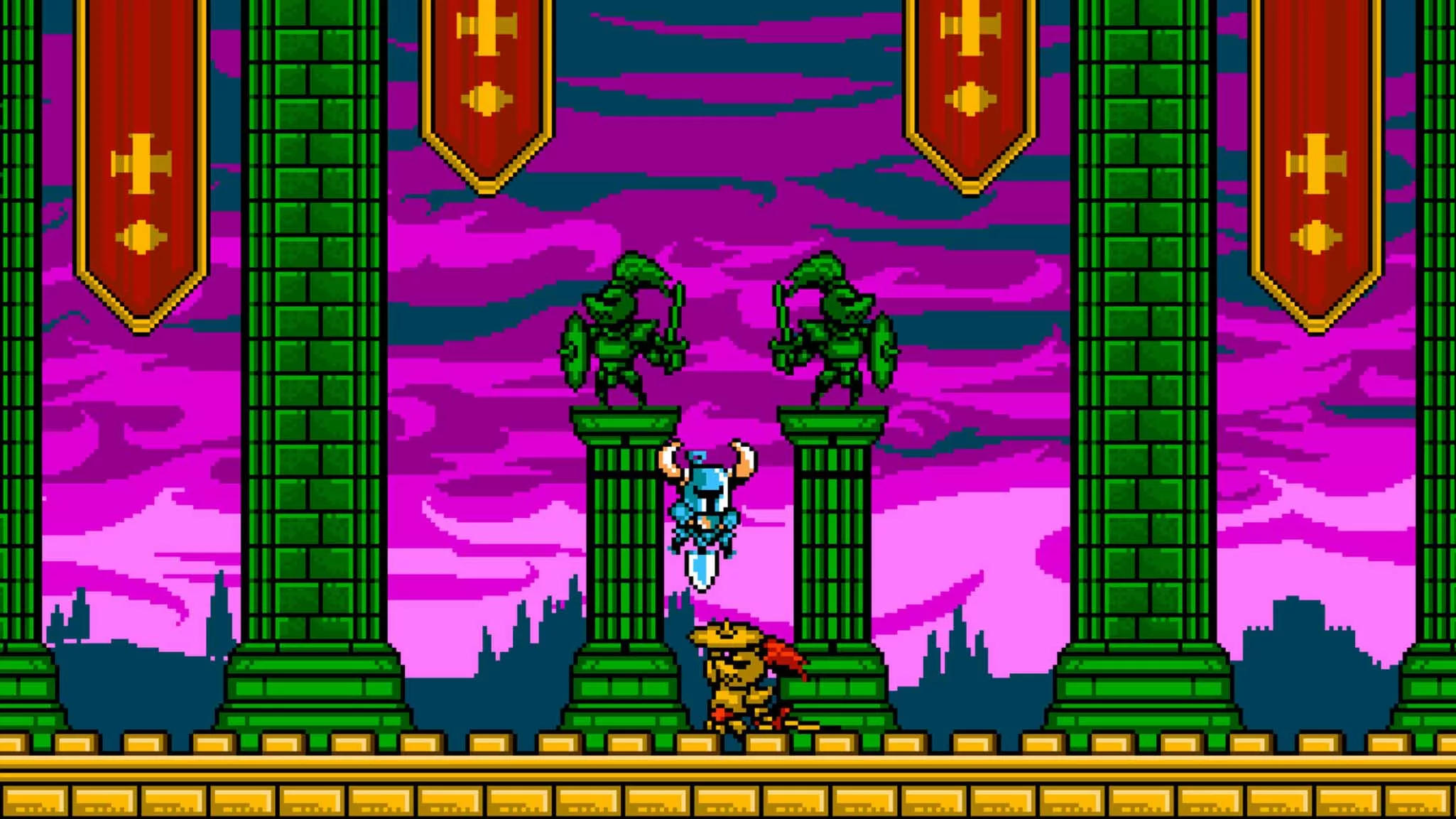 Screenshot of a pixel-art knight jumping on an enemy with a shovel as a weapon.
