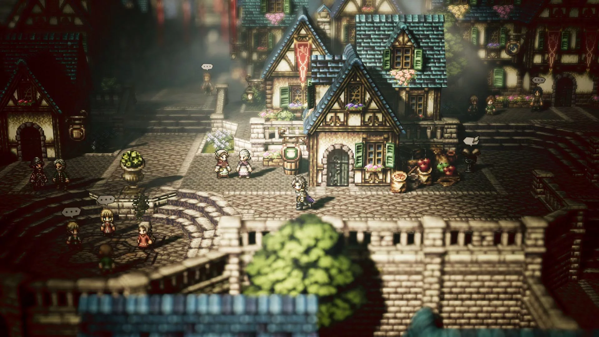 Screenshot of 2D pixel art characters walking through a 3D town.