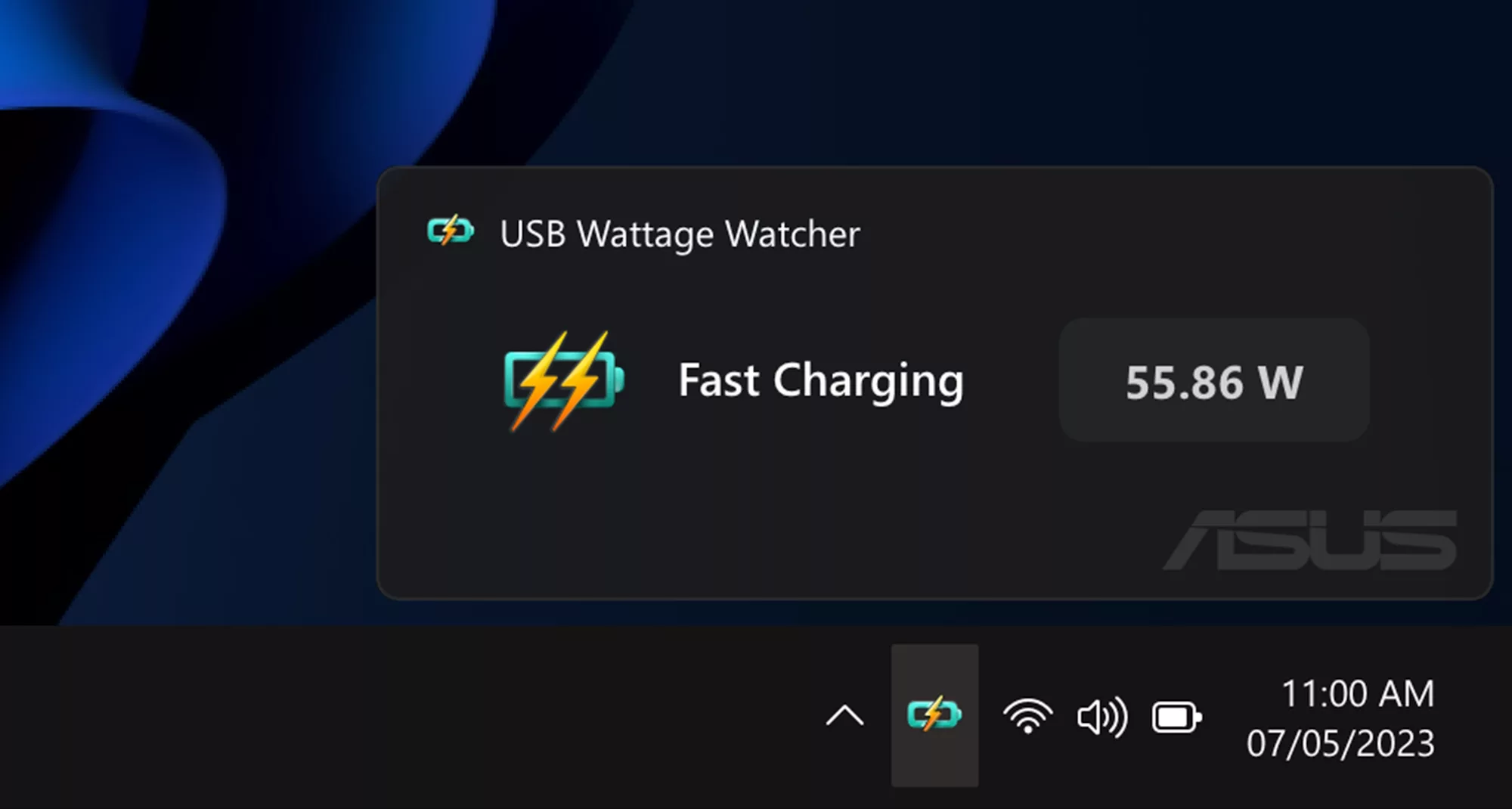 ROG MB_USB Wattage Watcher notification showing that a device is using Fast Charging at 55.86 W