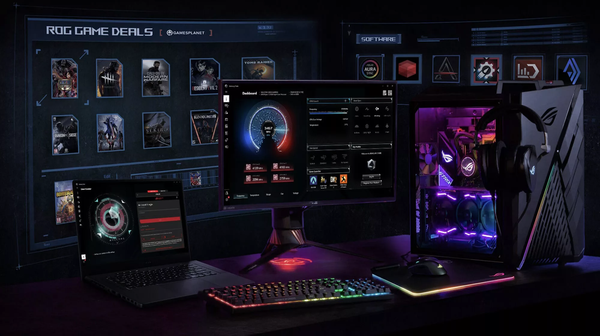 A view of a full gaming desktop setup with the Armoury Crate app visible on the display