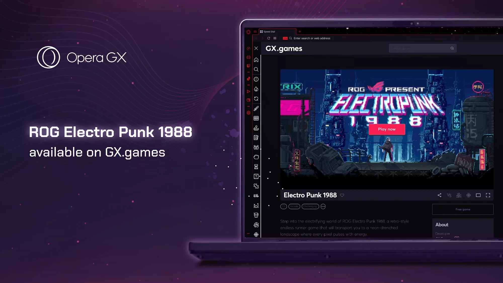 Инфографика, показывающая, что игра ROG Electro Punk 1988 доступна на сайте gx.games через браузер Opera GX