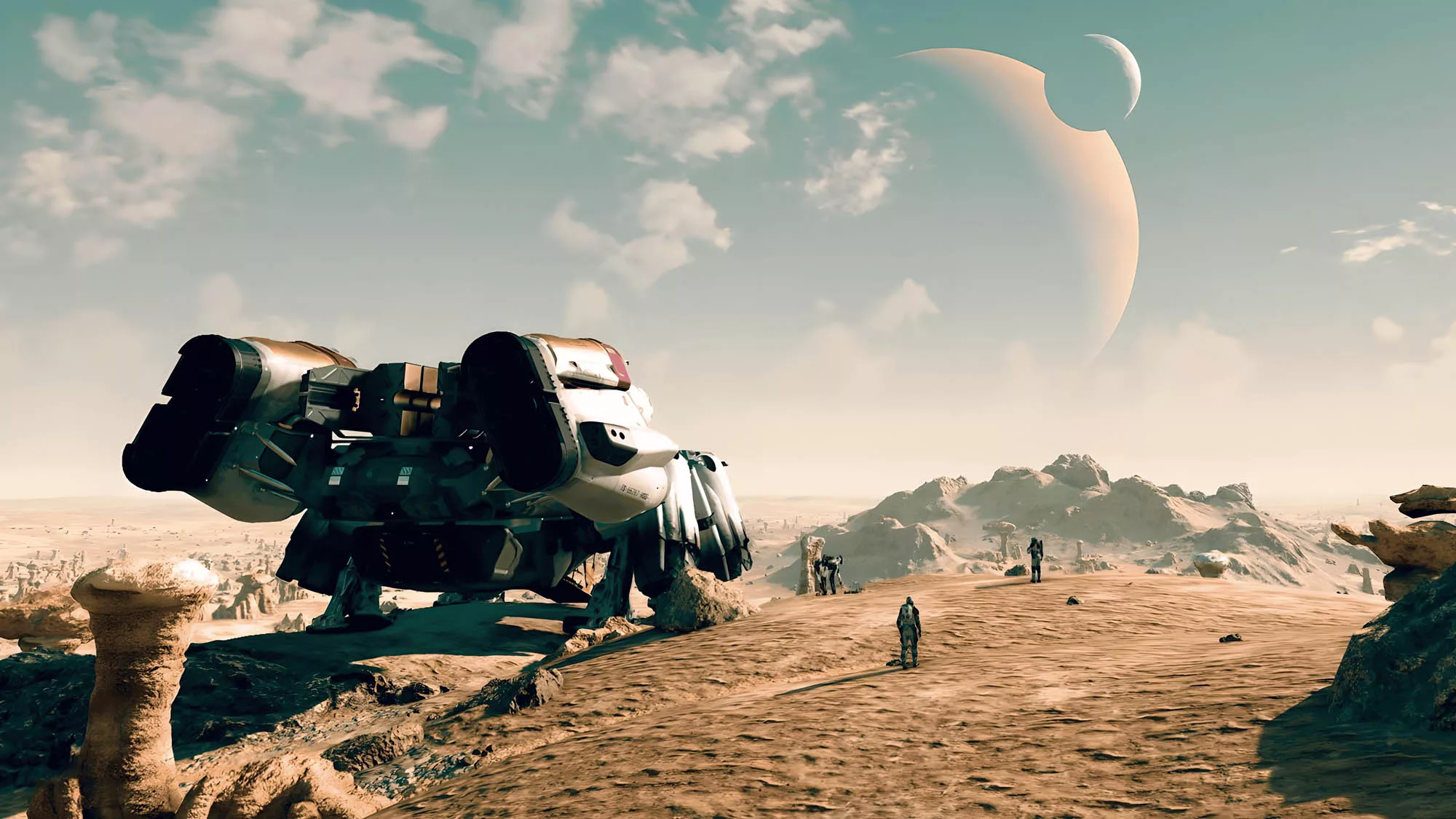 An image of a spaceship on a desert world with nearby planets and moons visible in the cloudy sky.