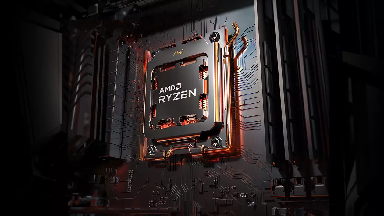 A render of an AMD Ryzen 7000 series processor in a motherboard's CPU socket with an orange glow.