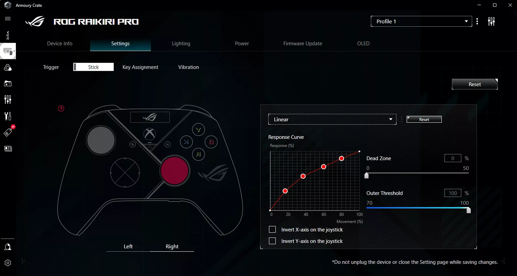 Screenshot of the Armoury Crate software with stick customizations visible.