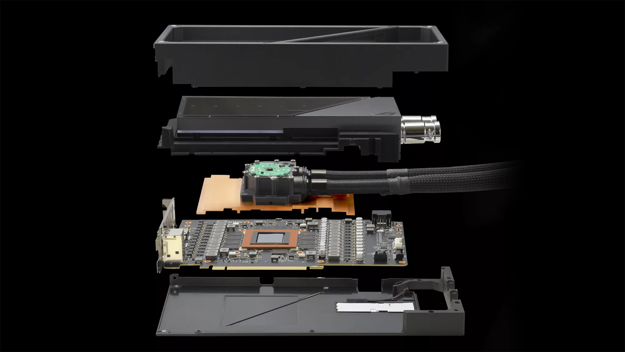An exploded view of the ROG Matrix GeForce RTX 4090 graphics card.