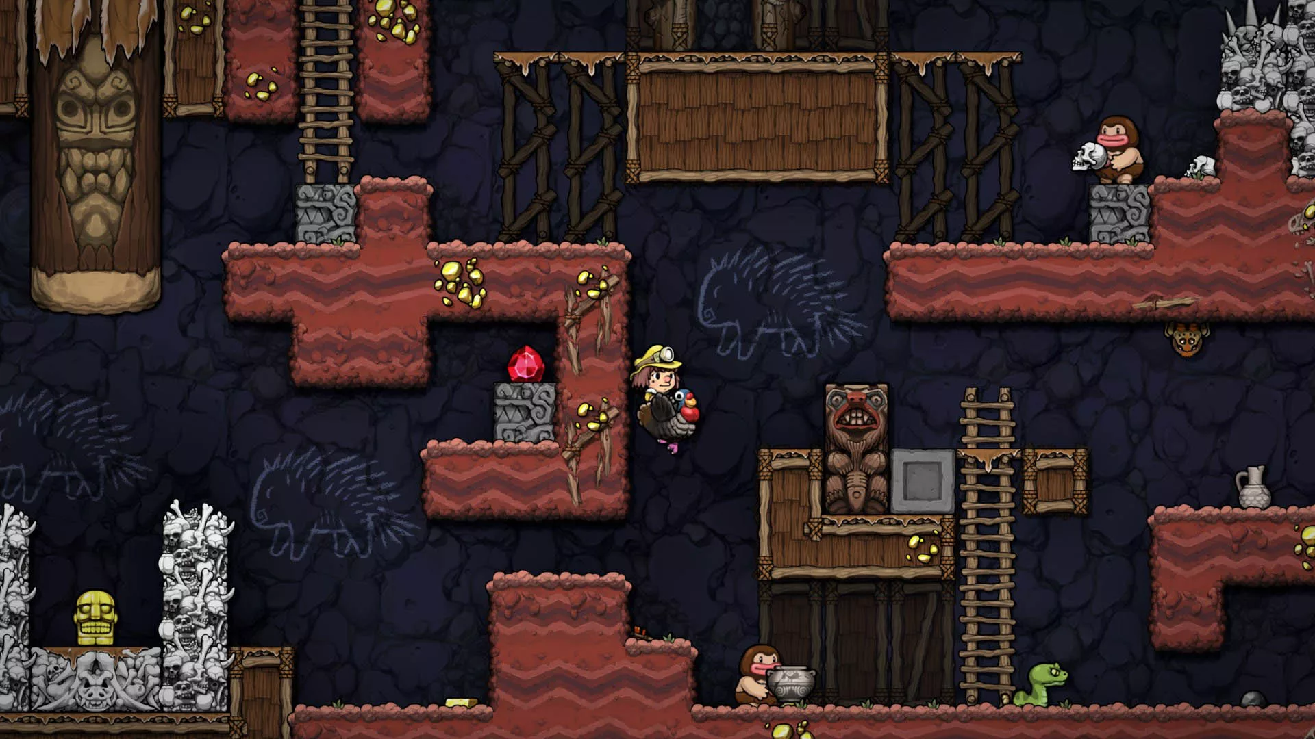 A video game character riding a turkey through a two-dimensional cave.