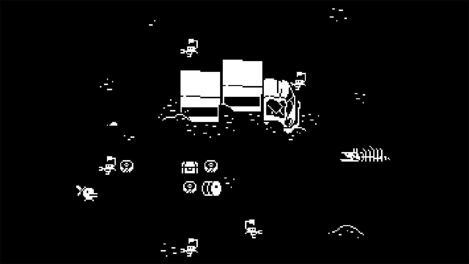 A small circular creature weilding a sword walking through a black-and-white environment with a large broken-down truck.