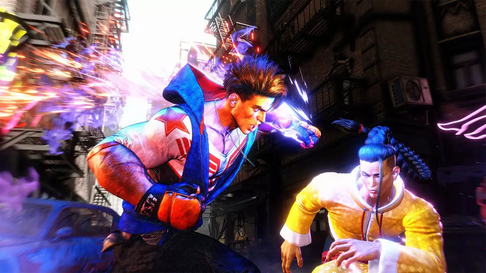 A video game character punching another with blue flames around his fist.